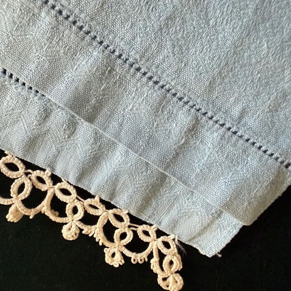 Vintage Linen Tea Towel & Blush Peach Placemat Set Lace Trim Cottage 2 pc bundle